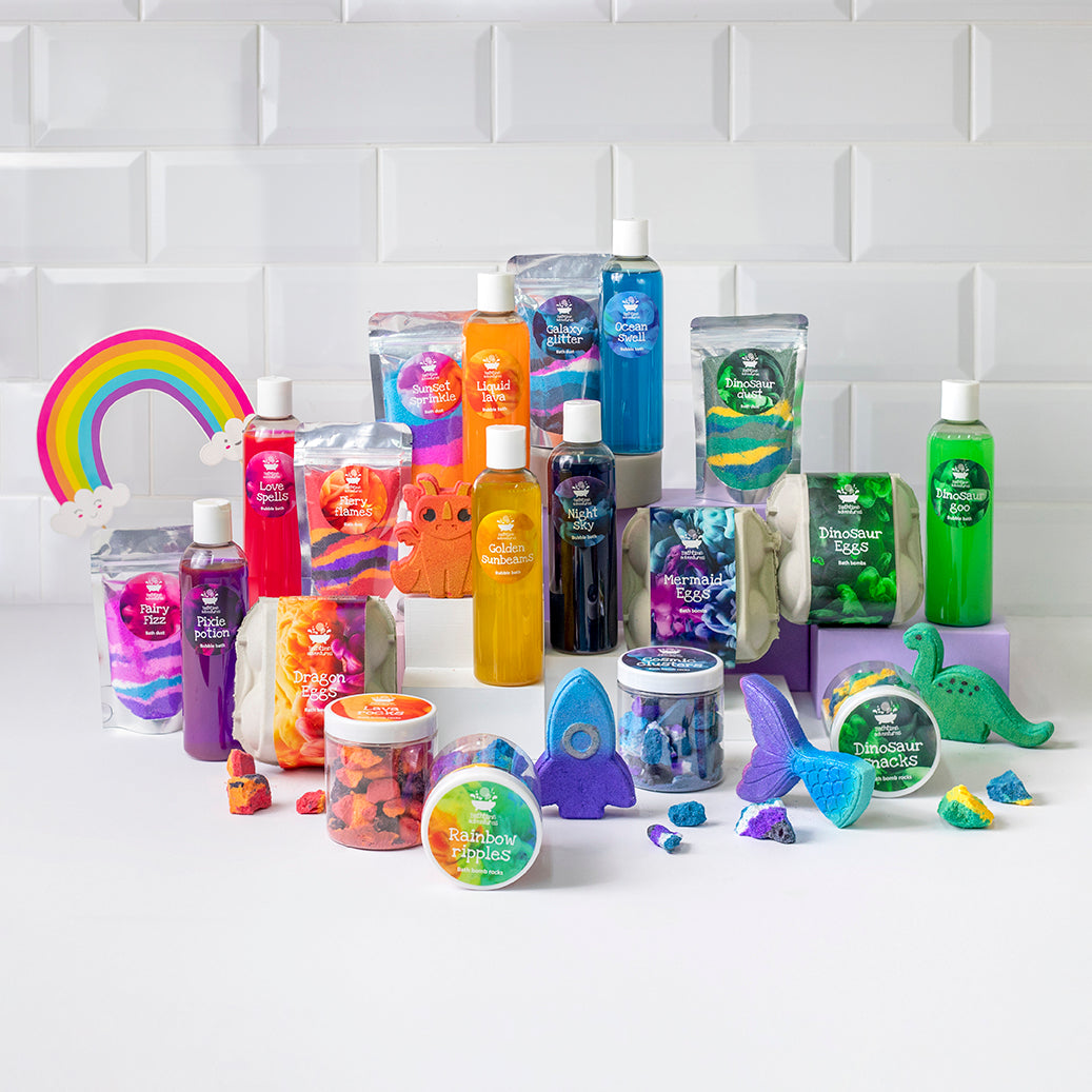 Colourful range of bath bombs and bubble bath products