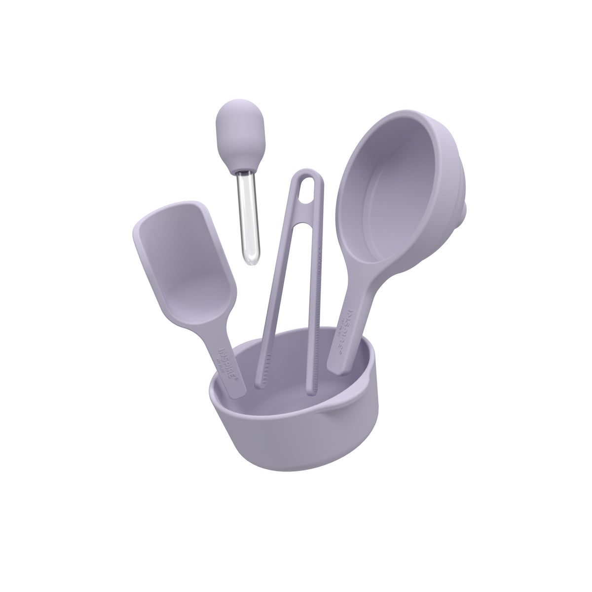 Set of purple potion accessories including a spatula, spoon, and measuring cups in a holder on a white background.